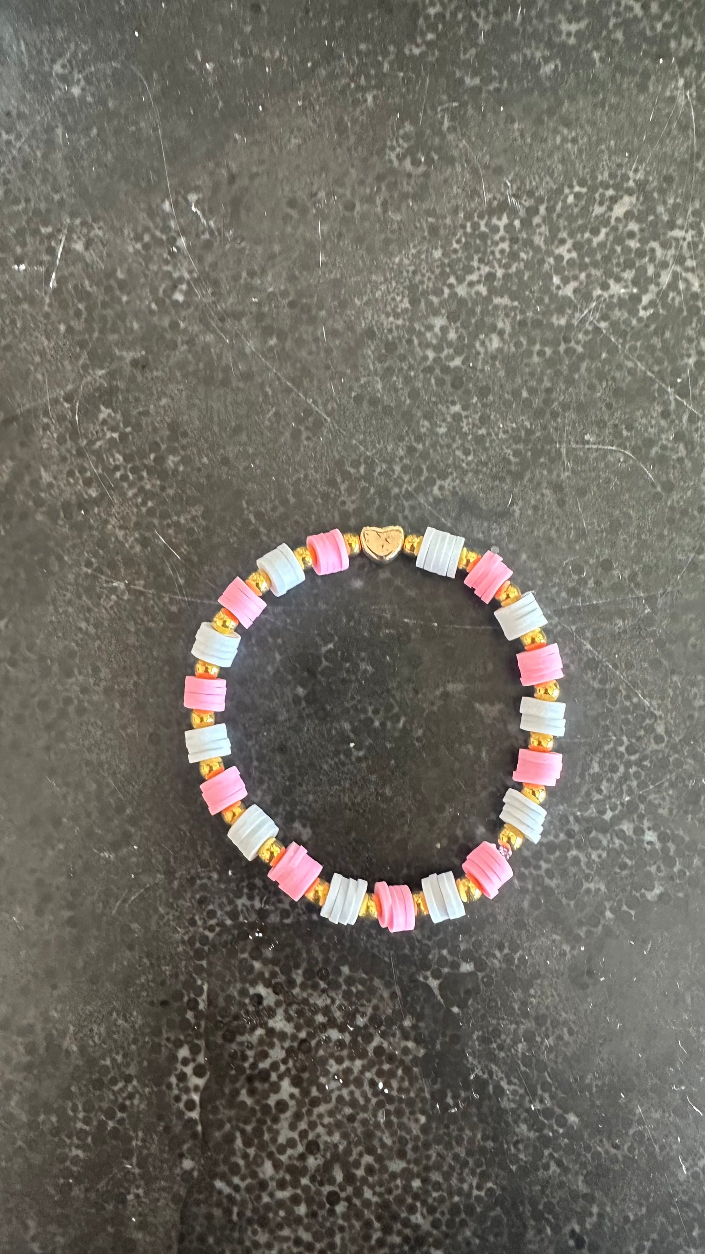 Pink and White with Gold Heart Elastic Bracelet