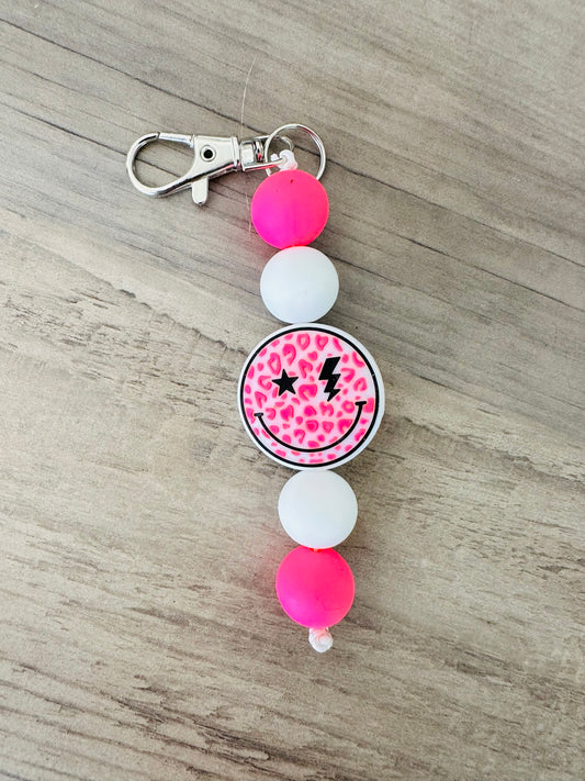 Hot Pink Lightning Bolt Smiley Face Silicone Beas Keychain