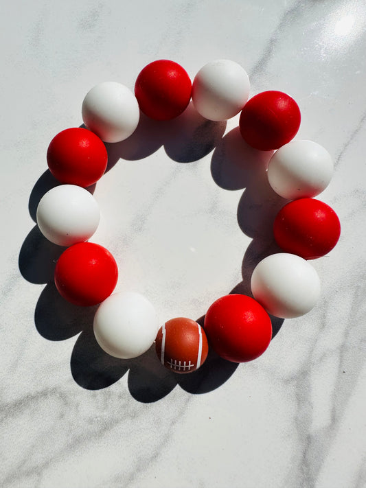 Red and White Football Silicone Bead Elastic Bracelet