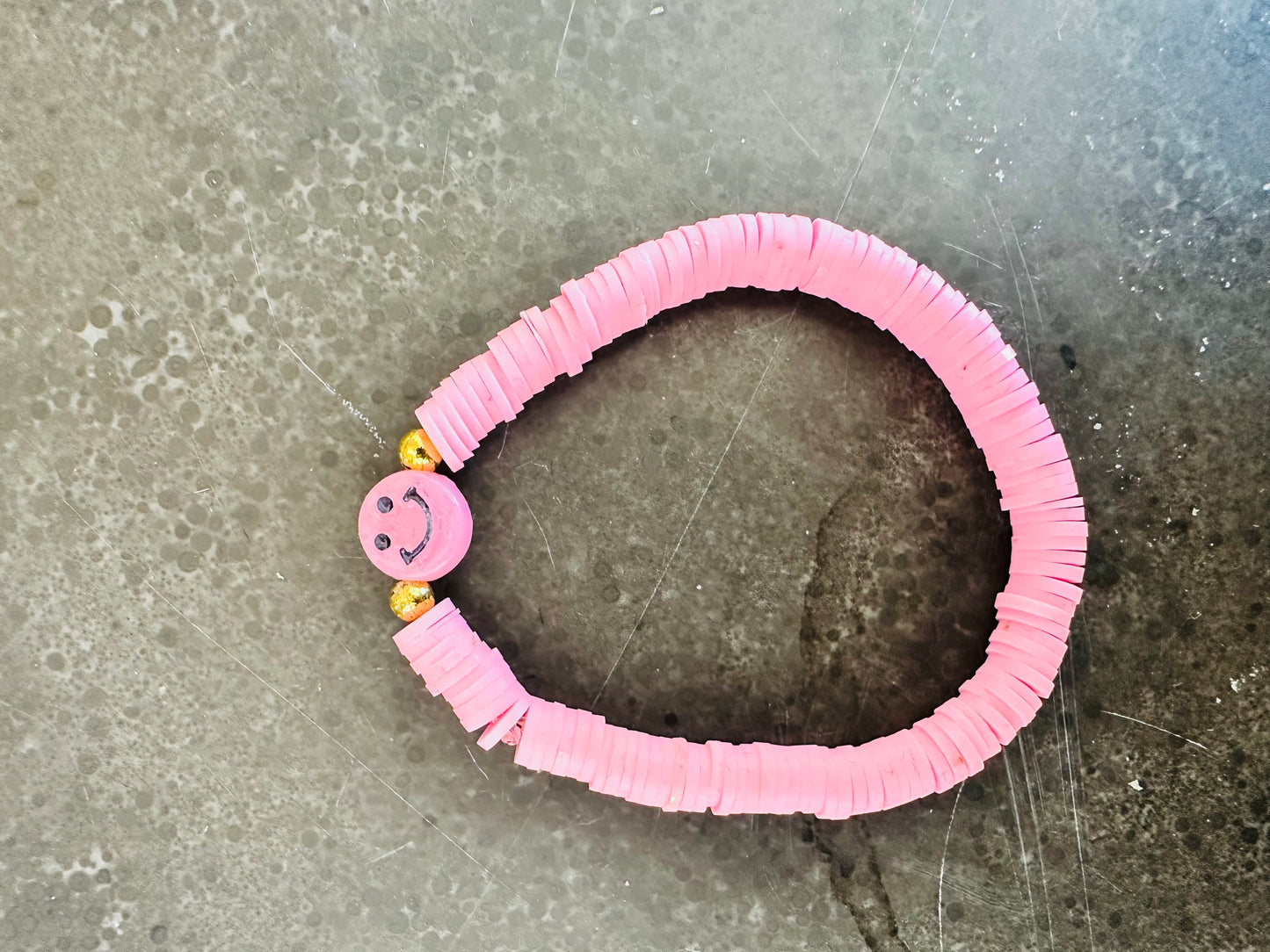 Pink Smiley Face Clay Bead Elastic Bracelet