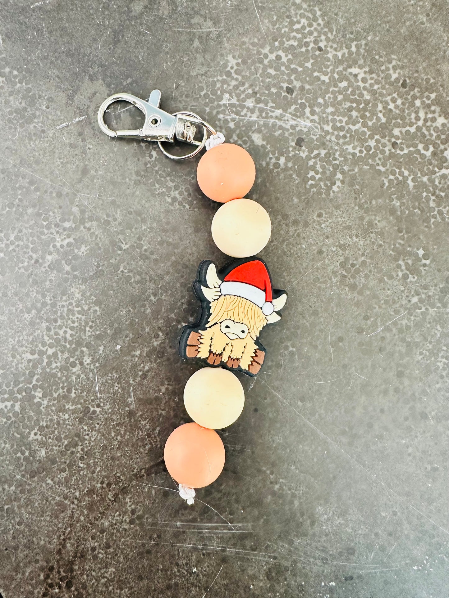 Santa Hat Highland Cow Silicone Bead Keychain