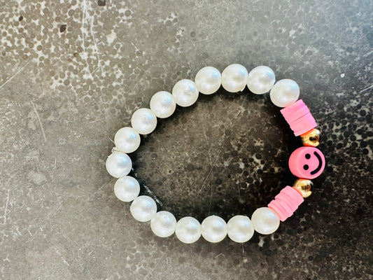 Smiley Face White and Pink Elastic Bracelet