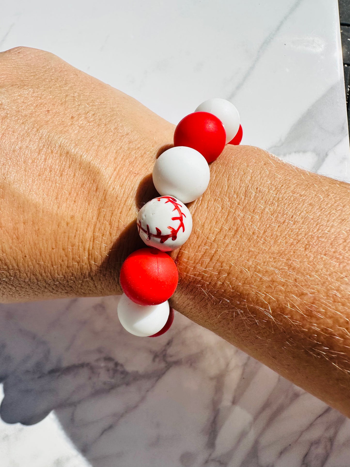 Baseball Red and White Silicone Bead Elastic Bracelet