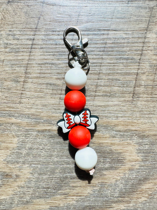 Baseball Bow Red and White Silicone Bead Keychain