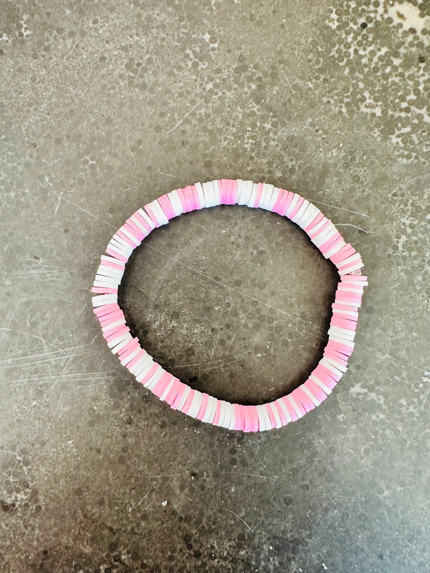 Pink and White Clay Bead Elastic Bracelet