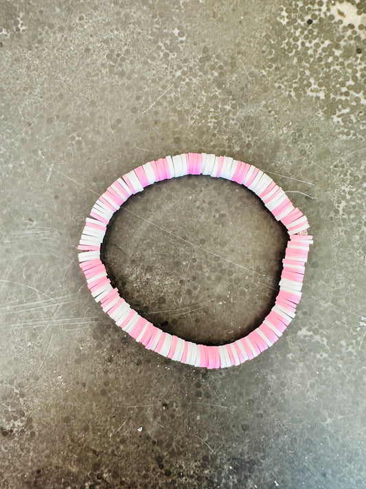 Pink and White Clay Bead Elastic Bracelet