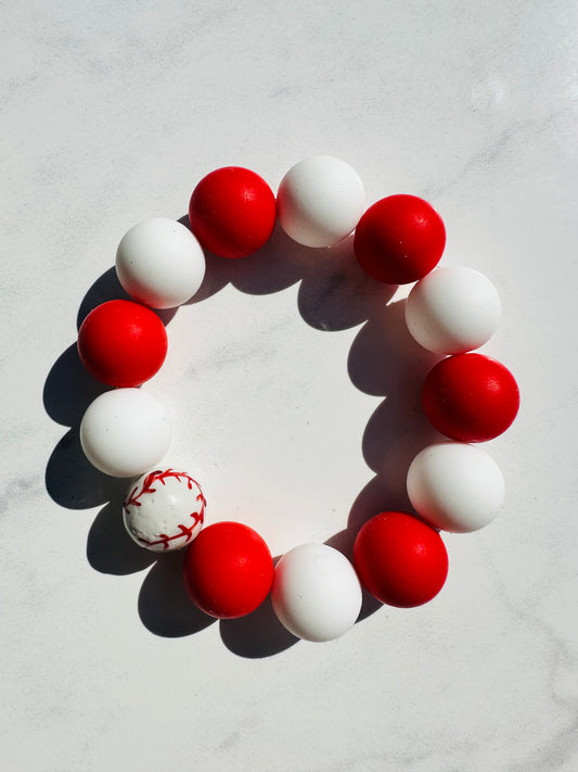 Baseball Red and White Silicone Bead Elastic Bracelet