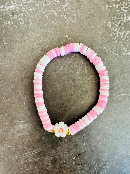 Pink and White Daisy Clay Bead Elastic Bracelet