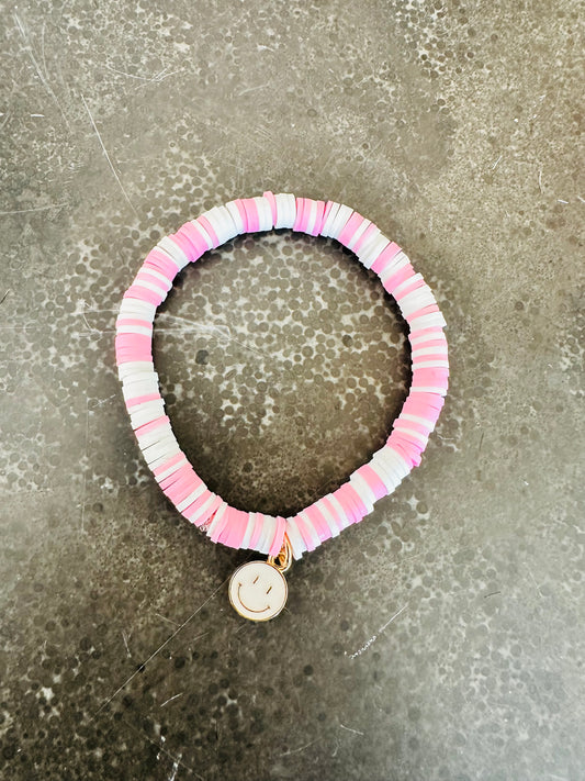 Pink and White Smilry Face Clay Bead Elastic Bracelet