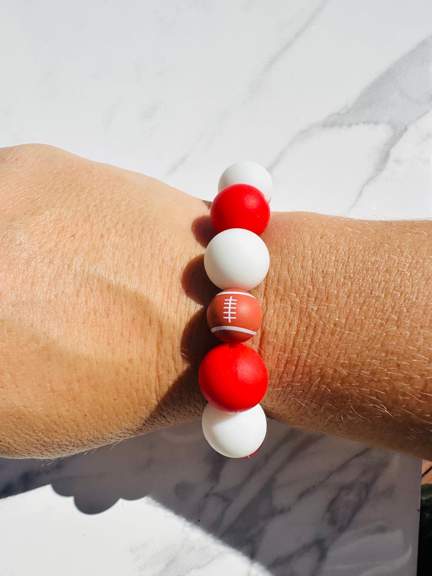 Red and White Football Silicone Bead Elastic Bracelet