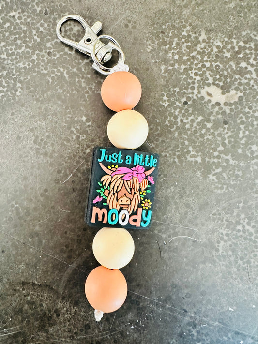 Just a Little Moody Highland Cow Silicone Bead Keychain